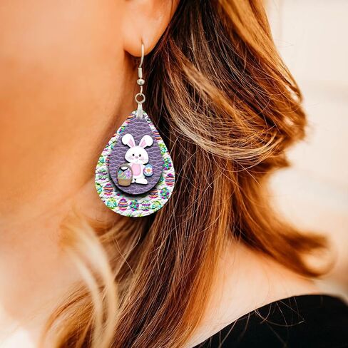 Easter Earrings for Women Teardrop Dangle Statement Jewelry Cute Bunny with Eggs Handmade by The Painted Pug in Saudi Arabia