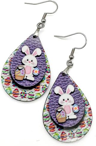 Easter Earrings for Women Teardrop Dangle Statement Jewelry Cute Bunny with Eggs Handmade by The Painted Pug in Saudi Arabia