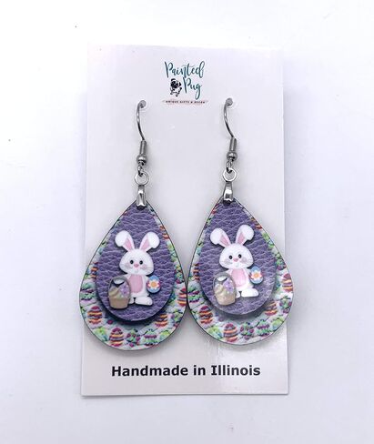 Easter Earrings for Women Teardrop Dangle Statement Jewelry Cute Bunny with Eggs Handmade by The Painted Pug in Saudi Arabia