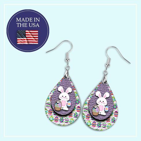 Easter Earrings for Women Teardrop Dangle Statement Jewelry Cute Bunny with Eggs Handmade by The Painted Pug in Saudi Arabia