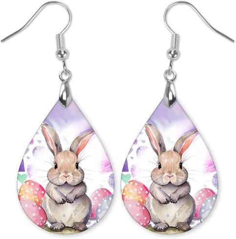Easter Earrings for Women Teardrop Dangle Statement Jewelry Cute Bunny with Eggs Handmade by The Painted Pug in Saudi Arabia