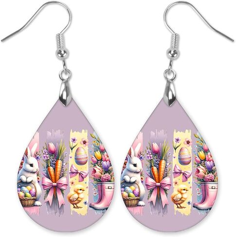 Easter Earrings for Women Teardrop Dangle Statement Jewelry Cute Bunny with Eggs Handmade by The Painted Pug in Saudi Arabia
