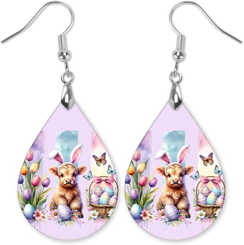 Easter Earrings for Women Teardrop Dangle Statement Jewelry Cute Bunny with Eggs Handmade by The Painted Pug in Saudi Arabia