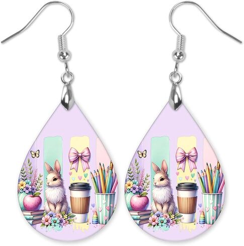 Easter Earrings for Women Teardrop Dangle Statement Jewelry Cute Bunny with Eggs Handmade by The Painted Pug in Saudi Arabia