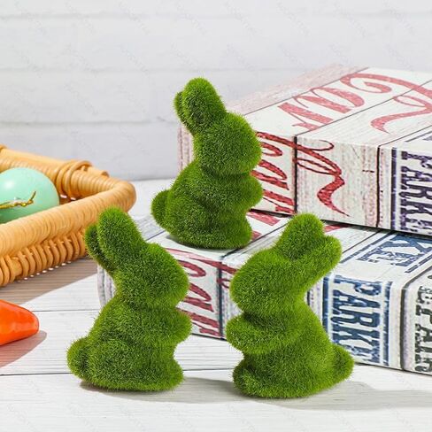AUOCATTAIL 4 Pcs Easter Moss Bunny Figurine Furry Flocked Green Standing Rabbit Statue Decorations for Easter Gift Home Office Table Ornament in Saudi Arabia