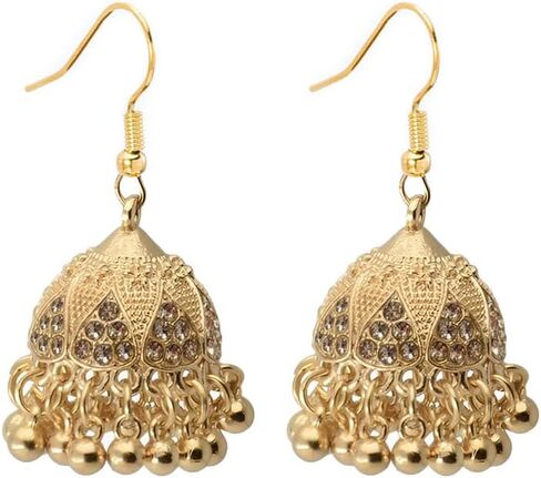Bohemian CZ Jhumki Bell Beaded Tassel Dangle Drop Earrings for Women Gold Plated Vintage Sparkly Crystal Ethnic Jhumka Chandelier Dangling Statement Hook Traditional Indian Gypsy Fashion Jewelry in Saudi Arabia
