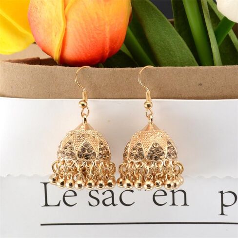 Bohemian CZ Jhumki Bell Beaded Tassel Dangle Drop Earrings for Women Gold Plated Vintage Sparkly Crystal Ethnic Jhumka Chandelier Dangling Statement Hook Traditional Indian Gypsy Fashion Jewelry in Saudi Arabia