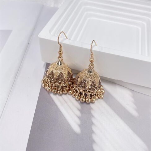 Bohemian CZ Jhumki Bell Beaded Tassel Dangle Drop Earrings for Women Gold Plated Vintage Sparkly Crystal Ethnic Jhumka Chandelier Dangling Statement Hook Traditional Indian Gypsy Fashion Jewelry in Saudi Arabia