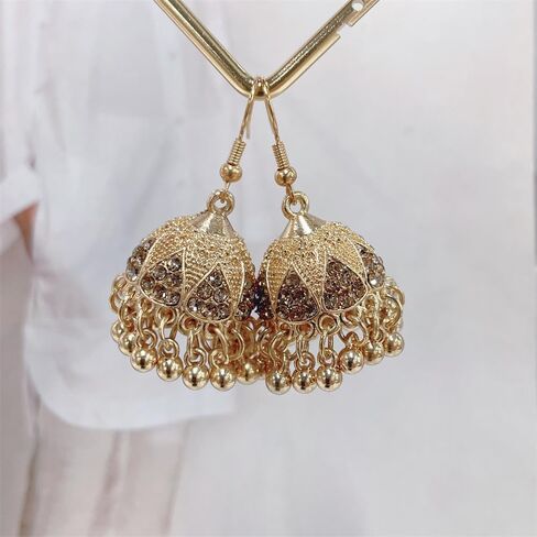Bohemian CZ Jhumki Bell Beaded Tassel Dangle Drop Earrings for Women Gold Plated Vintage Sparkly Crystal Ethnic Jhumka Chandelier Dangling Statement Hook Traditional Indian Gypsy Fashion Jewelry in Saudi Arabia
