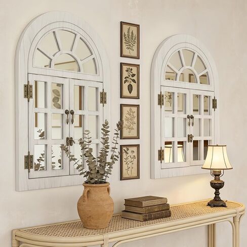مرآة نافذة مقوسة لديكور الحائط، نافذة خشبية مفتوحة ومغلقة مع تصميم علوي نصف دائري، مرآة حائط مزخرفة ريفية لغرفة المعيشة، المدخل (24 بوصة × 36 بوصة، أبيض، عبوتان) in Kuwait
