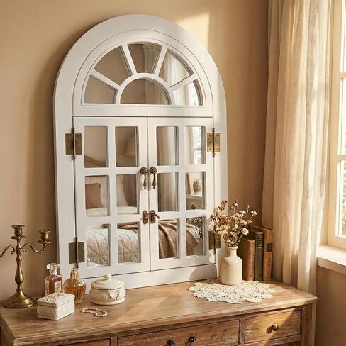 مرآة نافذة مقوسة لديكور الحائط، نافذة خشبية مفتوحة ومغلقة مع تصميم علوي نصف دائري، مرآة حائط مزخرفة ريفية لغرفة المعيشة، المدخل (24 بوصة × 36 بوصة، أبيض، عبوتان) in Kuwait
