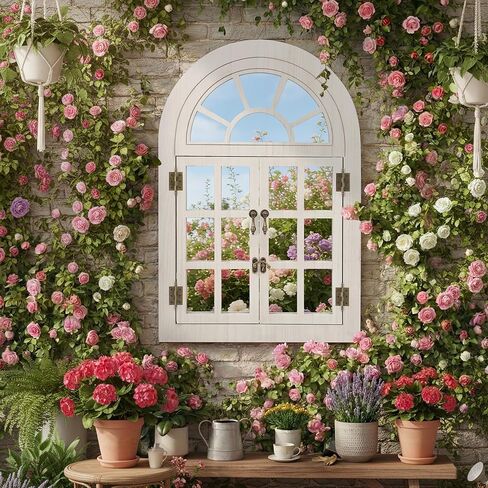 مرآة نافذة مقوسة لديكور الحائط، نافذة خشبية مفتوحة ومغلقة مع تصميم علوي نصف دائري، مرآة حائط مزخرفة ريفية لغرفة المعيشة، المدخل (24 بوصة × 36 بوصة، أبيض، عبوتان) in Kuwait