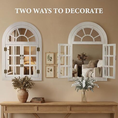 مرآة نافذة مقوسة لديكور الحائط، نافذة خشبية مفتوحة ومغلقة مع تصميم علوي نصف دائري، مرآة حائط مزخرفة ريفية لغرفة المعيشة، المدخل (24 بوصة × 36 بوصة، أبيض، عبوتان) in Kuwait
