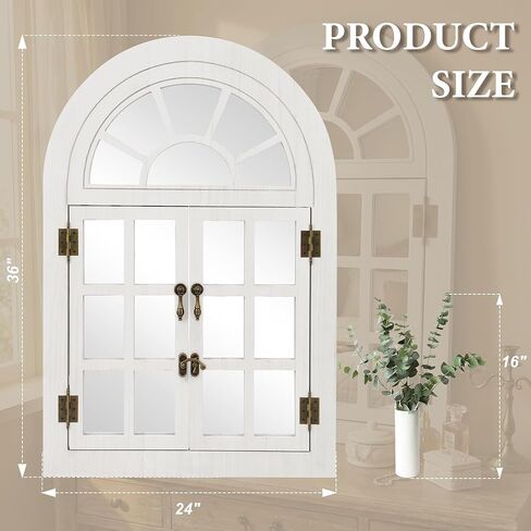 مرآة نافذة مقوسة لديكور الحائط، نافذة خشبية مفتوحة ومغلقة مع تصميم علوي نصف دائري، مرآة حائط مزخرفة ريفية لغرفة المعيشة، المدخل (24 بوصة × 36 بوصة، أبيض، عبوتان) in Kuwait