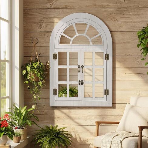مرآة نافذة مقوسة لديكور الحائط، نافذة خشبية مفتوحة ومغلقة مع تصميم علوي نصف دائري، مرآة حائط مزخرفة ريفية لغرفة المعيشة، المدخل (24 بوصة × 36 بوصة، أبيض، عبوتان) in Kuwait