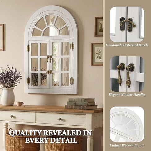 مرآة نافذة مقوسة لديكور الحائط، نافذة خشبية مفتوحة ومغلقة مع تصميم علوي نصف دائري، مرآة حائط مزخرفة ريفية لغرفة المعيشة، المدخل (24 بوصة × 36 بوصة، أبيض، عبوتان) in Kuwait