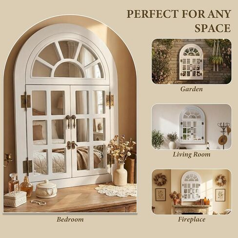 مرآة نافذة مقوسة لديكور الحائط، نافذة خشبية مفتوحة ومغلقة مع تصميم علوي نصف دائري، مرآة حائط مزخرفة ريفية لغرفة المعيشة، المدخل (24 بوصة × 36 بوصة، أبيض، عبوتان) in Kuwait