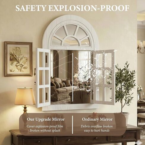 مرآة نافذة مقوسة لديكور الحائط، نافذة خشبية مفتوحة ومغلقة مع تصميم علوي نصف دائري، مرآة حائط مزخرفة ريفية لغرفة المعيشة، المدخل (24 بوصة × 36 بوصة، أبيض، عبوتان) in Kuwait