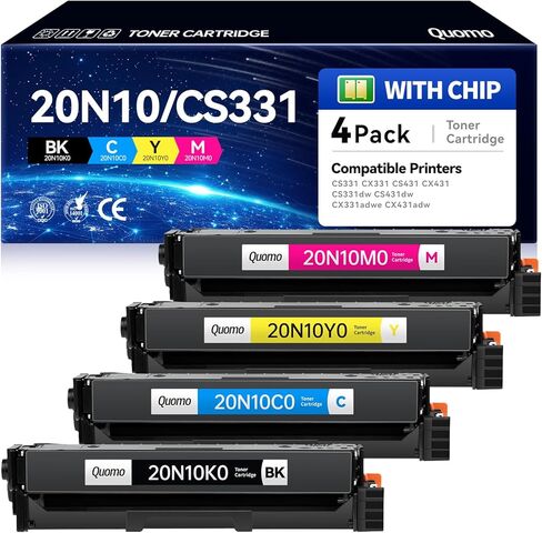CS331 CX331 Toner Cartridges 4 Pack (with Chip) Replacement for Lexmark 20N10K0 20N10C0 20N10M0 20N10Y0 Toner Compatible with Lexmark CS331dw CS431dw CX331adwe CX431adw CS431 CX431 Series Printer Ink in Kuwait