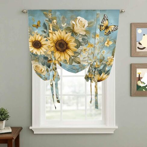 Spring Yellow Sunflower Tie Up Curtains for Window, Roes Butterfly Teal Pastoral Thermal Insulated Balloon Shade Adjustable Rod Pocket Curtains Valance Panels for Kitchen Bathroom Café 46'' x 63'' in Saudi Arabia