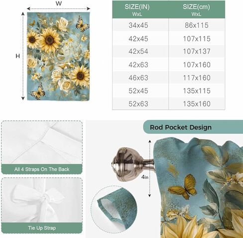 Spring Yellow Sunflower Tie Up Curtains for Window, Roes Butterfly Teal Pastoral Thermal Insulated Balloon Shade Adjustable Rod Pocket Curtains Valance Panels for Kitchen Bathroom Café 46'' x 63'' in Saudi Arabia