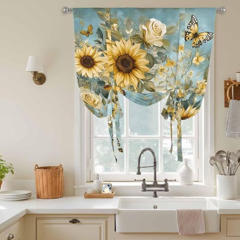 Spring Yellow Sunflower Tie Up Curtains for Window, Roes Butterfly Teal Pastoral Thermal Insulated Balloon Shade Adjustable Rod Pocket Curtains Valance Panels for Kitchen Bathroom Café 46'' x 63'' in Saudi Arabia