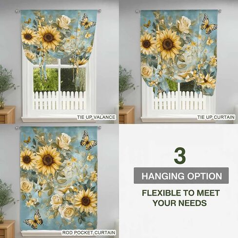Spring Yellow Sunflower Tie Up Curtains for Window, Roes Butterfly Teal Pastoral Thermal Insulated Balloon Shade Adjustable Rod Pocket Curtains Valance Panels for Kitchen Bathroom Café 46'' x 63'' in Saudi Arabia