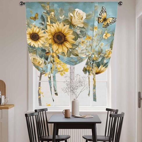Spring Yellow Sunflower Tie Up Curtains for Window, Roes Butterfly Teal Pastoral Thermal Insulated Balloon Shade Adjustable Rod Pocket Curtains Valance Panels for Kitchen Bathroom Café 46'' x 63'' in Saudi Arabia
