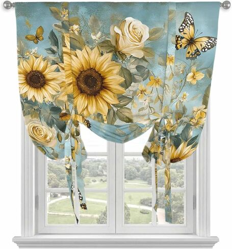 Spring Yellow Sunflower Tie Up Curtains for Window, Roes Butterfly Teal Pastoral Thermal Insulated Balloon Shade Adjustable Rod Pocket Curtains Valance Panels for Kitchen Bathroom Café 46'' x 63'' in Saudi Arabia