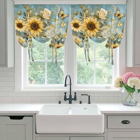 Spring Yellow Sunflower Tie Up Curtains for Window, Roes Butterfly Teal Pastoral Thermal Insulated Balloon Shade Adjustable Rod Pocket Curtains Valance Panels for Kitchen Bathroom Café 46'' x 63'' in Saudi Arabia