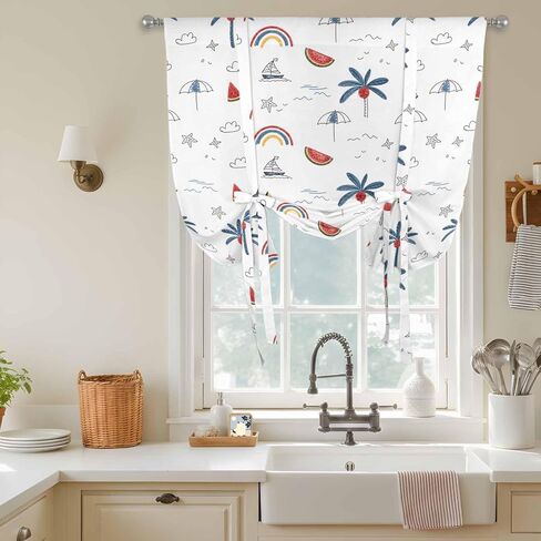 Tropical Plants Tie Up Curtains for Window, Cartoon Summer Botanical Tree Rainbow Thermal Insulated Balloon Shade Adjustable Rod Pocket Curtains Valance Panels for Kitchen Bathroom Café 42'' x 45'' in Saudi Arabia