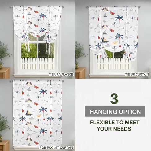 Tropical Plants Tie Up Curtains for Window, Cartoon Summer Botanical Tree Rainbow Thermal Insulated Balloon Shade Adjustable Rod Pocket Curtains Valance Panels for Kitchen Bathroom Café 42'' x 45'' in Saudi Arabia
