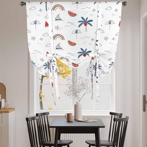 Tropical Plants Tie Up Curtains for Window, Cartoon Summer Botanical Tree Rainbow Thermal Insulated Balloon Shade Adjustable Rod Pocket Curtains Valance Panels for Kitchen Bathroom Café 42'' x 45'' in Saudi Arabia