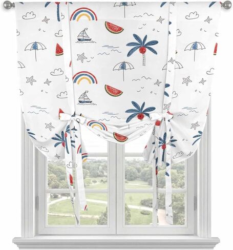 Tropical Plants Tie Up Curtains for Window, Cartoon Summer Botanical Tree Rainbow Thermal Insulated Balloon Shade Adjustable Rod Pocket Curtains Valance Panels for Kitchen Bathroom Café 42'' x 45'' in Saudi Arabia
