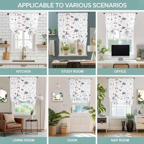 Tropical Plants Tie Up Curtains for Window, Cartoon Summer Botanical Tree Rainbow Thermal Insulated Balloon Shade Adjustable Rod Pocket Curtains Valance Panels for Kitchen Bathroom Café 42'' x 45'' in Saudi Arabia