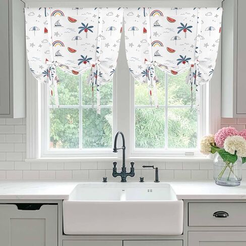 Tropical Plants Tie Up Curtains for Window, Cartoon Summer Botanical Tree Rainbow Thermal Insulated Balloon Shade Adjustable Rod Pocket Curtains Valance Panels for Kitchen Bathroom Café 42'' x 45'' in Saudi Arabia