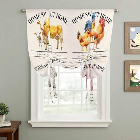 Farmhouse Animals Tie Up Curtains for Window, Watercolor Cow Rooster Sheep Pig Thermal Insulated Balloon Shade Adjustable Rod Pocket Curtains Valance Panels for Kitchen Bathroom Café 52'' x 63'' in Saudi Arabia
