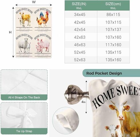 Farmhouse Animals Tie Up Curtains for Window, Watercolor Cow Rooster Sheep Pig Thermal Insulated Balloon Shade Adjustable Rod Pocket Curtains Valance Panels for Kitchen Bathroom Café 52'' x 63'' in Saudi Arabia