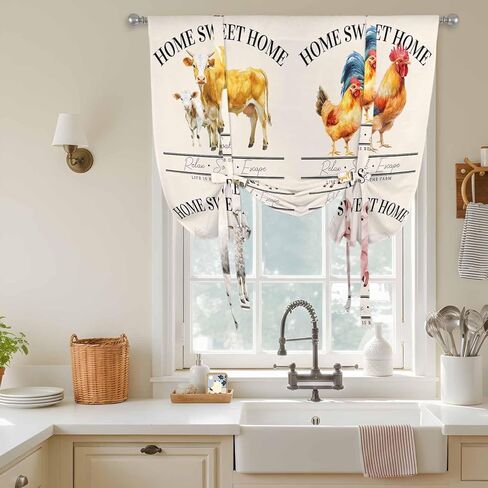 Farmhouse Animals Tie Up Curtains for Window, Watercolor Cow Rooster Sheep Pig Thermal Insulated Balloon Shade Adjustable Rod Pocket Curtains Valance Panels for Kitchen Bathroom Café 52'' x 63'' in Saudi Arabia