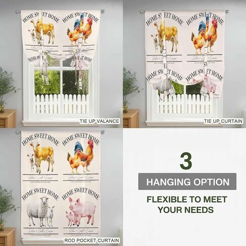 Farmhouse Animals Tie Up Curtains for Window, Watercolor Cow Rooster Sheep Pig Thermal Insulated Balloon Shade Adjustable Rod Pocket Curtains Valance Panels for Kitchen Bathroom Café 52'' x 63'' in Saudi Arabia