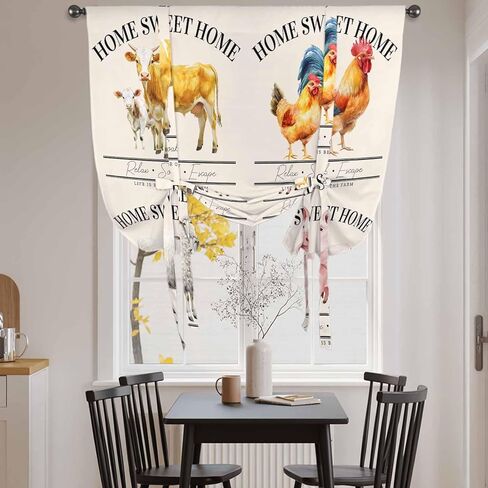 Farmhouse Animals Tie Up Curtains for Window, Watercolor Cow Rooster Sheep Pig Thermal Insulated Balloon Shade Adjustable Rod Pocket Curtains Valance Panels for Kitchen Bathroom Café 52'' x 63'' in Saudi Arabia