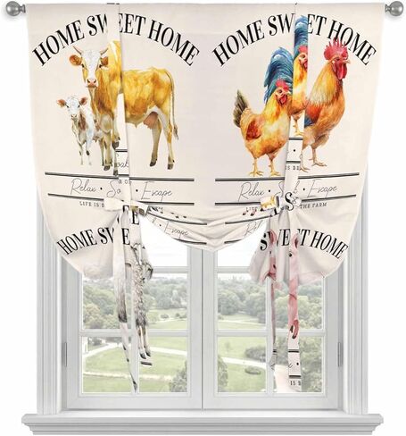 Farmhouse Animals Tie Up Curtains for Window, Watercolor Cow Rooster Sheep Pig Thermal Insulated Balloon Shade Adjustable Rod Pocket Curtains Valance Panels for Kitchen Bathroom Café 52'' x 63'' in Saudi Arabia