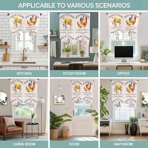 Farmhouse Animals Tie Up Curtains for Window, Watercolor Cow Rooster Sheep Pig Thermal Insulated Balloon Shade Adjustable Rod Pocket Curtains Valance Panels for Kitchen Bathroom Café 52'' x 63'' in Saudi Arabia