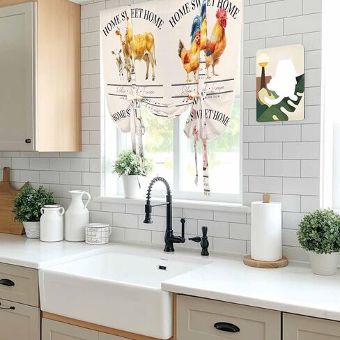 Farmhouse Animals Tie Up Curtains for Window, Watercolor Cow Rooster Sheep Pig Thermal Insulated Balloon Shade Adjustable Rod Pocket Curtains Valance Panels for Kitchen Bathroom Café 52'' x 63'' in Saudi Arabia