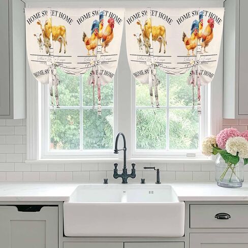 Farmhouse Animals Tie Up Curtains for Window, Watercolor Cow Rooster Sheep Pig Thermal Insulated Balloon Shade Adjustable Rod Pocket Curtains Valance Panels for Kitchen Bathroom Café 52'' x 63'' in Saudi Arabia