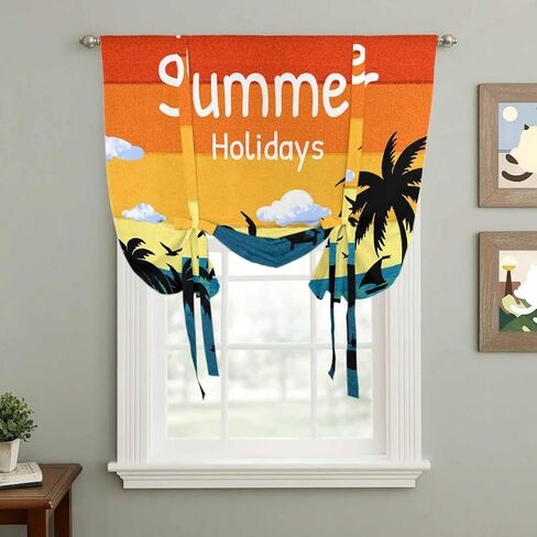 Palm Trees Silhouette Tie Up Curtains for Window, Ocean Orange Omber Sky Thermal Insulated Balloon Shade Adjustable Rod Pocket Curtains Valance Panels for Kitchen Bathroom Café 46'' x 63'' in Saudi Arabia