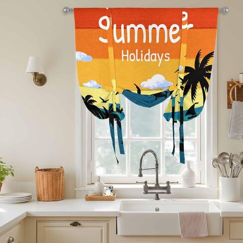 Palm Trees Silhouette Tie Up Curtains for Window, Ocean Orange Omber Sky Thermal Insulated Balloon Shade Adjustable Rod Pocket Curtains Valance Panels for Kitchen Bathroom Café 46'' x 63'' in Saudi Arabia