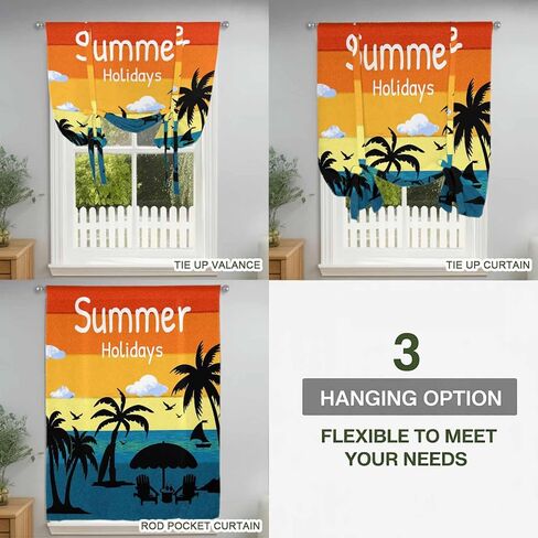 Palm Trees Silhouette Tie Up Curtains for Window, Ocean Orange Omber Sky Thermal Insulated Balloon Shade Adjustable Rod Pocket Curtains Valance Panels for Kitchen Bathroom Café 46'' x 63'' in Saudi Arabia