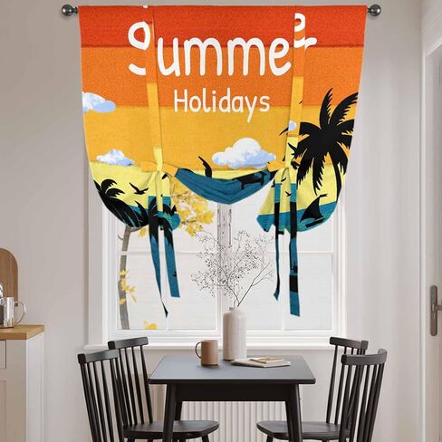Palm Trees Silhouette Tie Up Curtains for Window, Ocean Orange Omber Sky Thermal Insulated Balloon Shade Adjustable Rod Pocket Curtains Valance Panels for Kitchen Bathroom Café 46'' x 63'' in Saudi Arabia