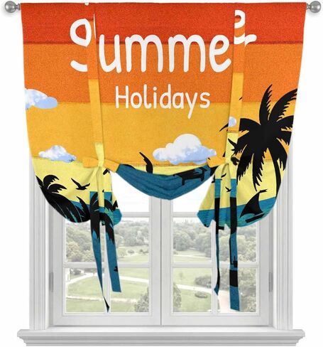 Palm Trees Silhouette Tie Up Curtains for Window, Ocean Orange Omber Sky Thermal Insulated Balloon Shade Adjustable Rod Pocket Curtains Valance Panels for Kitchen Bathroom Café 46'' x 63'' in Saudi Arabia